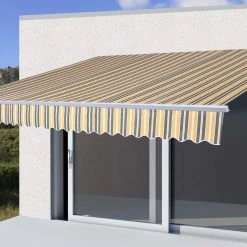 Alu-Markise MCW-E49, Gelenkarmmarkise Sonnenschutz 2,5x2m ~ Polyester Grau-gelb Gestreift