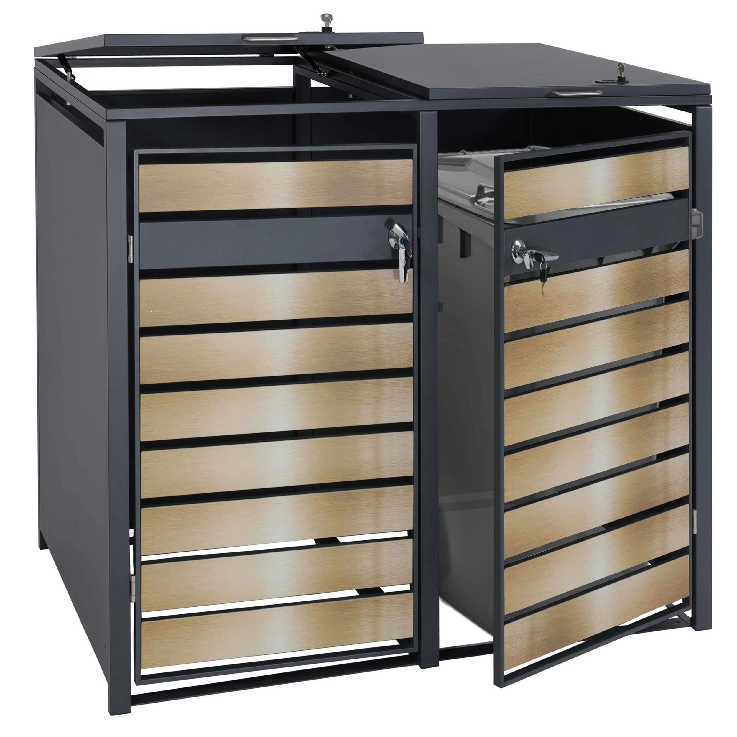 2er Mülltonnenverkleidung MCW-J81, Mülltonnenbox, Erweiterbar, Metall 50kg, Anthrazit ~ Gold 1 2er Mülltonnenverkleidung MCW-J81, Mülltonnenbox, Erweiterbar, Metall 50kg, Anthrazit ~ Gold