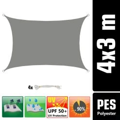 Amanka UPF50+ UV Sonnensegel 3x4 Polyester Rechteck Wasserabweisend Garten Balkon Grau