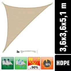 Amanka UV Sonnensegel 3,6x3,6x5,1 HDPE Dreieck Rechtwinklig Sonnenschutz Garten Beige