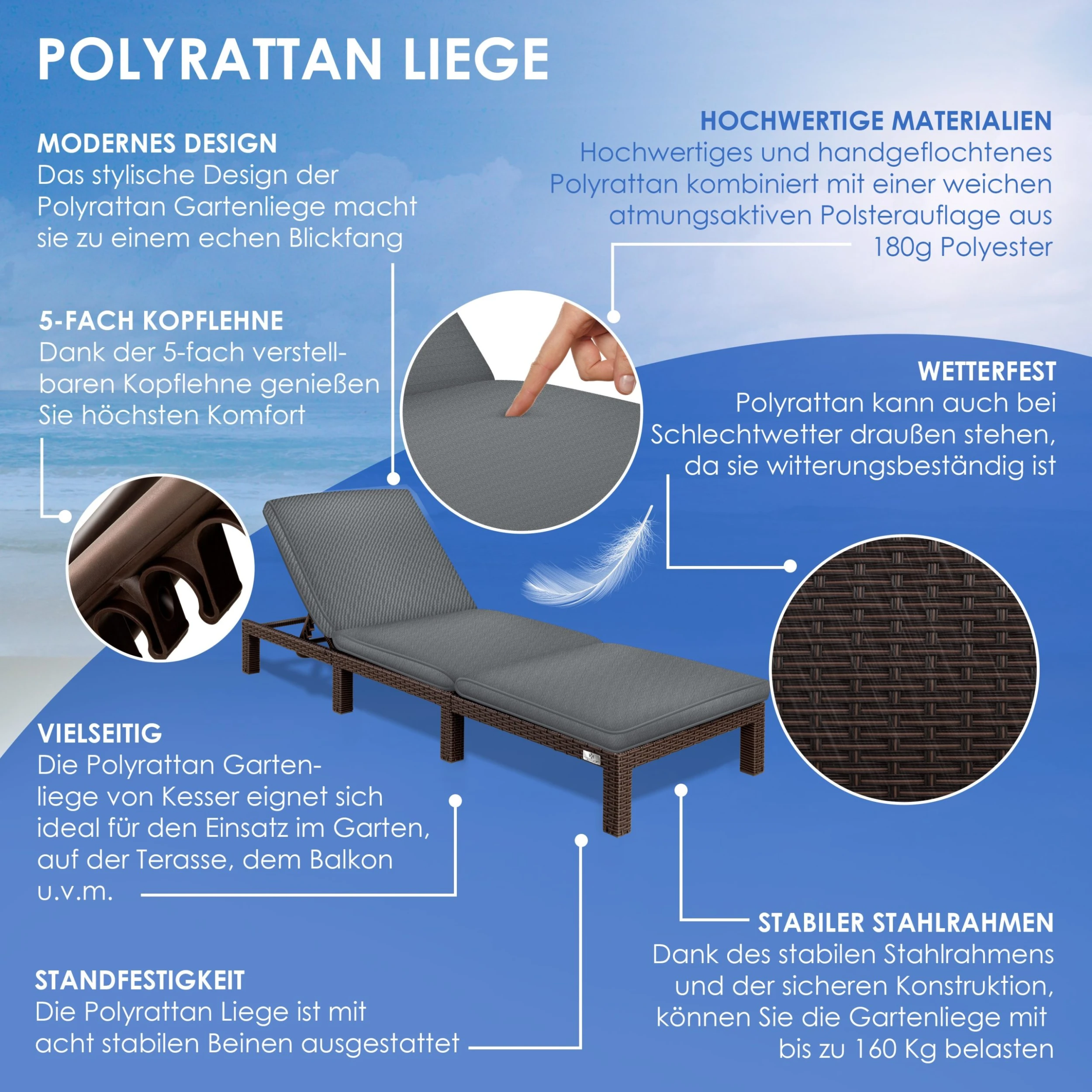 KESSER® Sonnenliege Polyrattan Palma Gartenliege Mit Auflage Für Balkon, Garten, Terrasse, Innen- Und Außen, 5-Fach Verstellbar Rücklehne Relaxliege Liegestuhl Klappbare 195 X 65 X 23 Cm 2 KESSER® Sonnenliege Polyrattan Palma Gartenliege Mit Auflage Für Balkon, Garten, Terrasse, Innen- Und Außen, 5-Fach Verstellbar Rücklehne Relaxliege Liegestuhl Klappbare 195 X 65 X 23 Cm – Bild 2