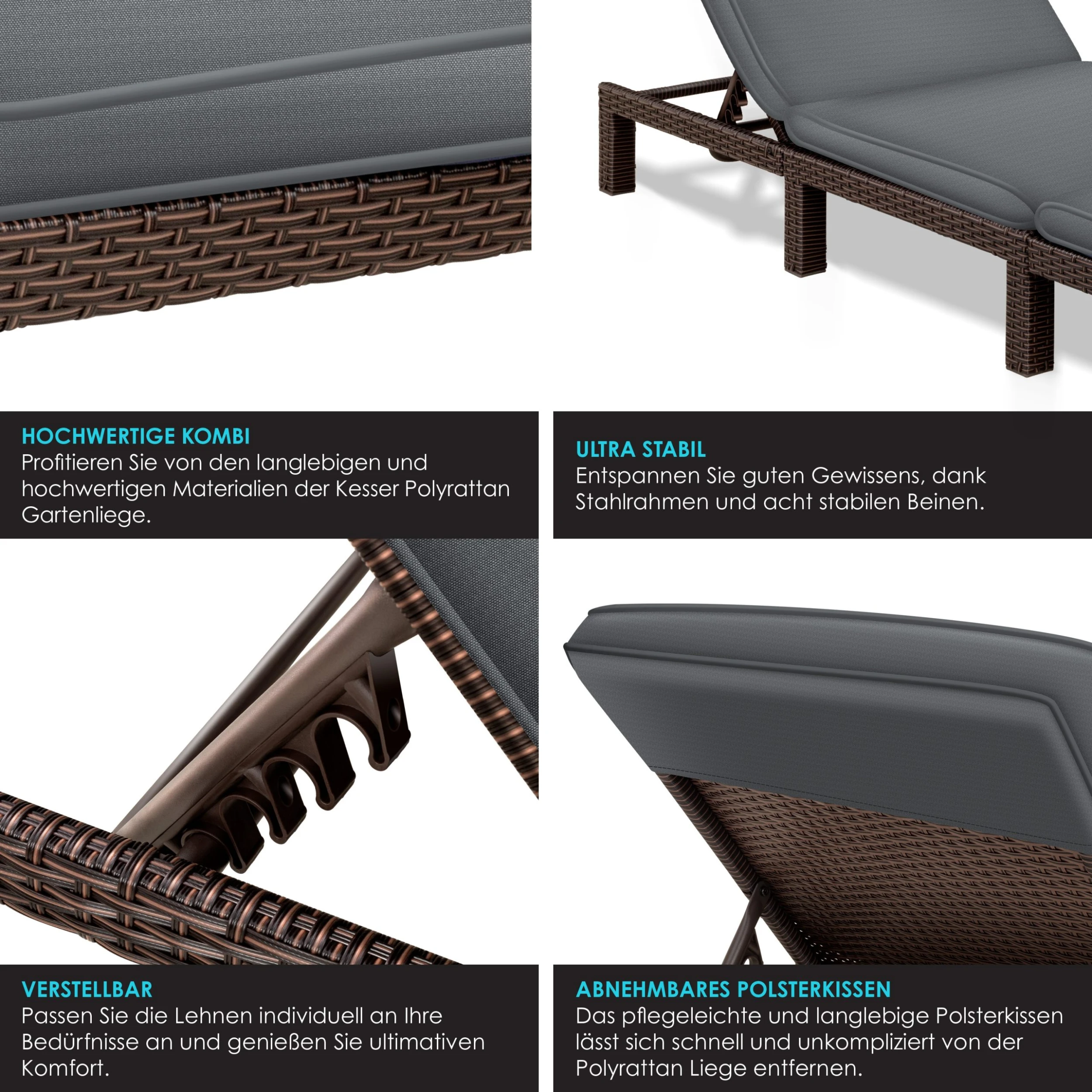 KESSER® Sonnenliege Polyrattan Palma Gartenliege Mit Auflage Für Balkon, Garten, Terrasse, Innen- Und Außen, 5-Fach Verstellbar Rücklehne Relaxliege Liegestuhl Klappbare 195 X 65 X 23 Cm 5 KESSER® Sonnenliege Polyrattan Palma Gartenliege Mit Auflage Für Balkon, Garten, Terrasse, Innen- Und Außen, 5-Fach Verstellbar Rücklehne Relaxliege Liegestuhl Klappbare 195 X 65 X 23 Cm – Bild 5